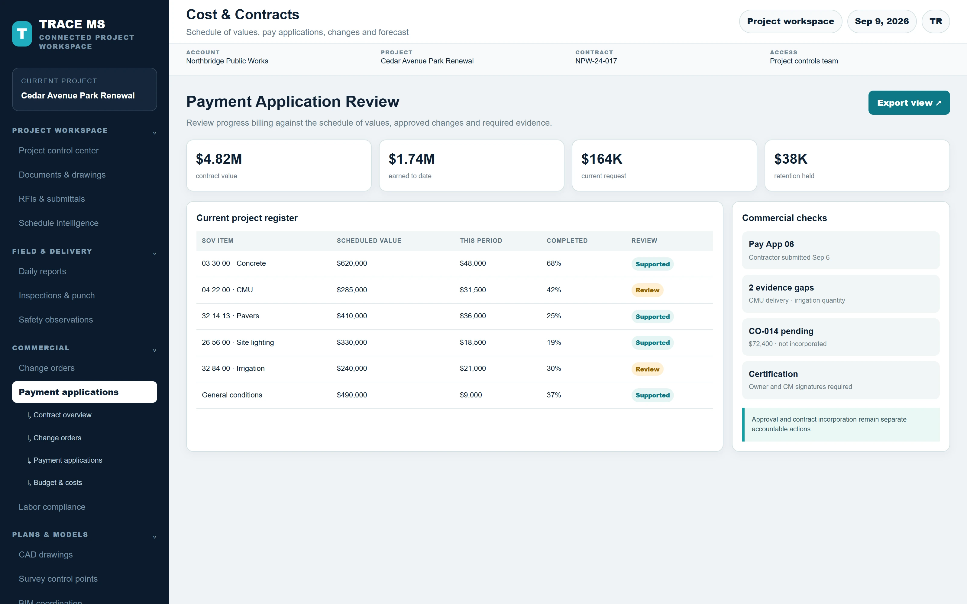 TRACE Payment Application Review screen for Cedar Avenue Park Renewal with the related project navigation expanded