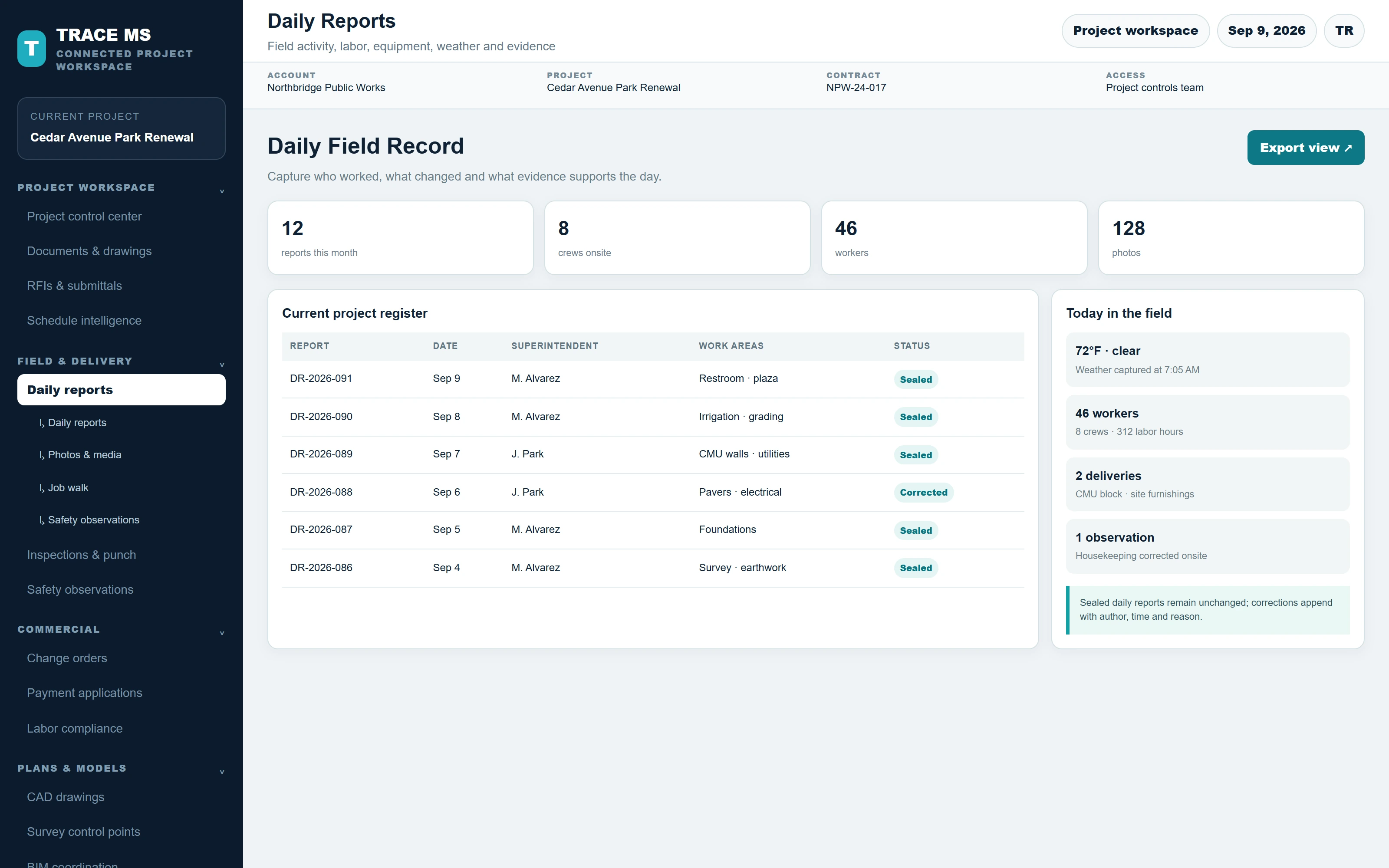 TRACE Daily Field Record screen for Cedar Avenue Park Renewal with the related project navigation expanded