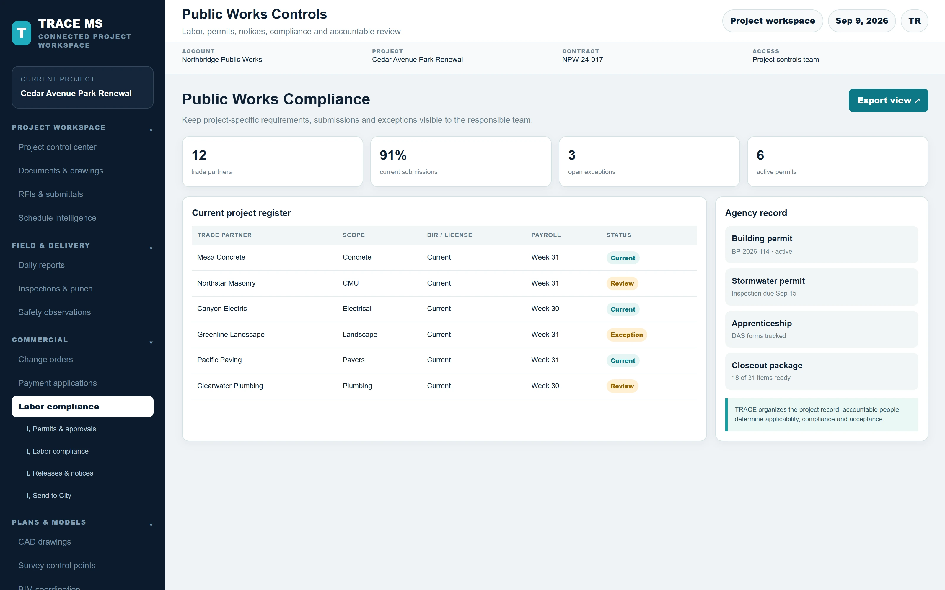 TRACE Public Works Compliance screen for Cedar Avenue Park Renewal with the related project navigation expanded