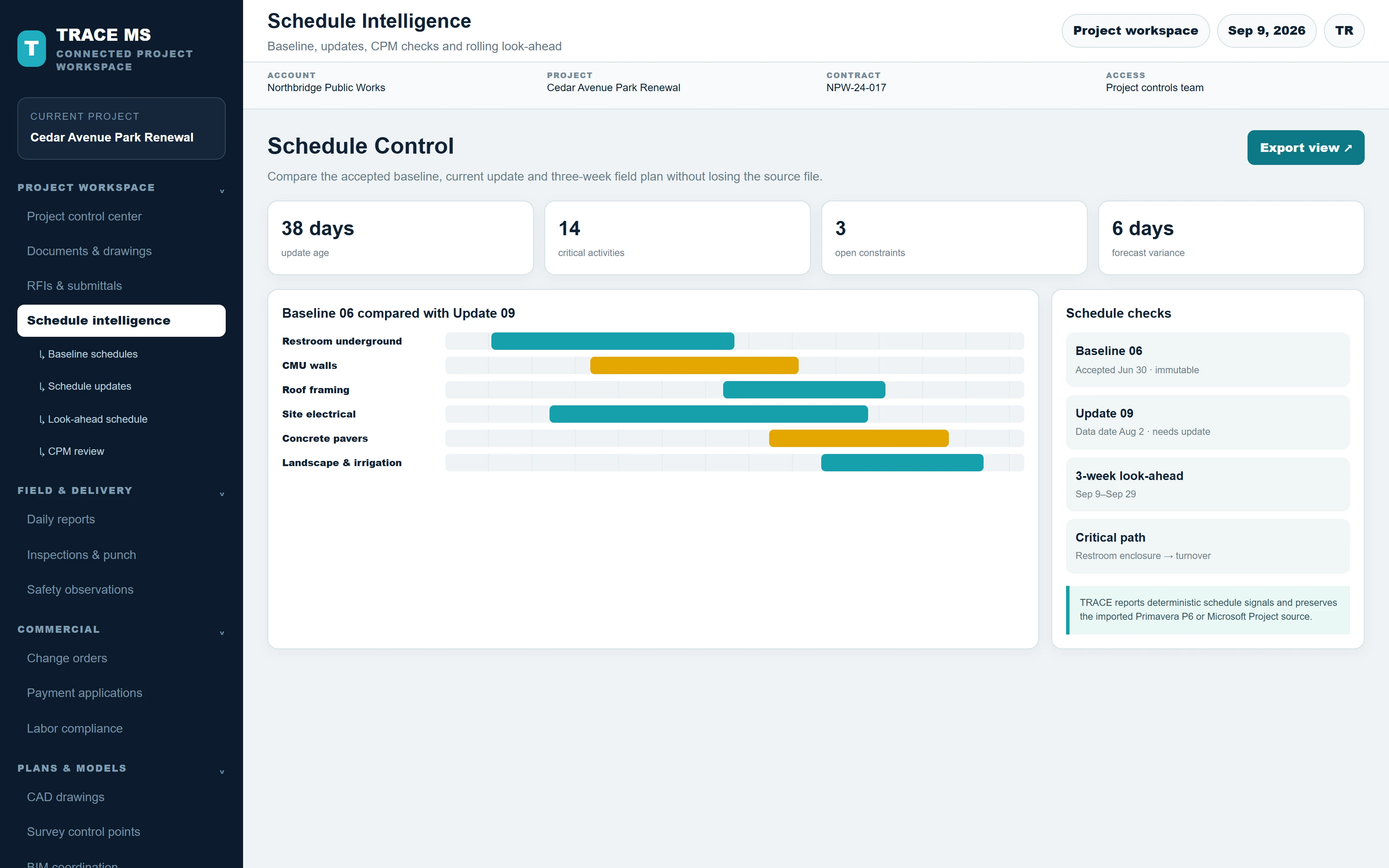 TRACE Schedule Control screen for Cedar Avenue Park Renewal with the related project navigation expanded